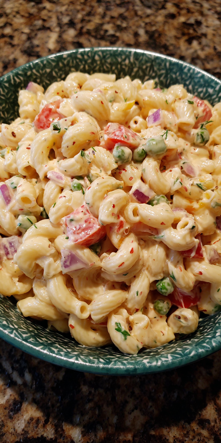 Creamy Macaroni Cold Pasta Salad served warm with cozy spices