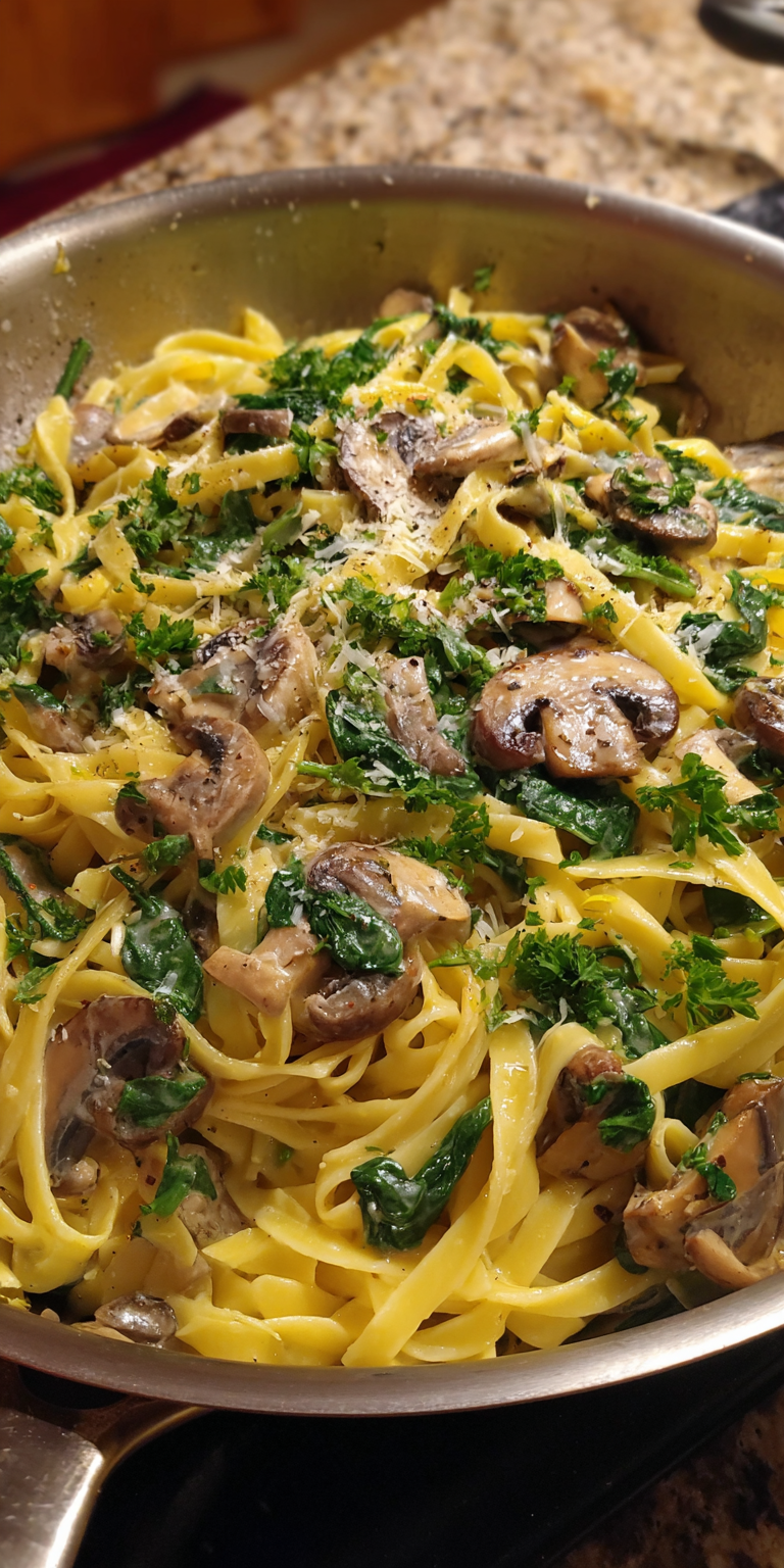 Creamy Mushroom Spinach Pasta served warm with cozy spices