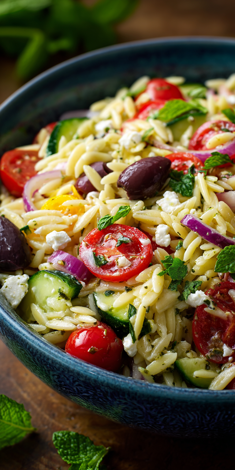 Creamy Pesto Orzo Mediterranean Salad served warm with cozy spices