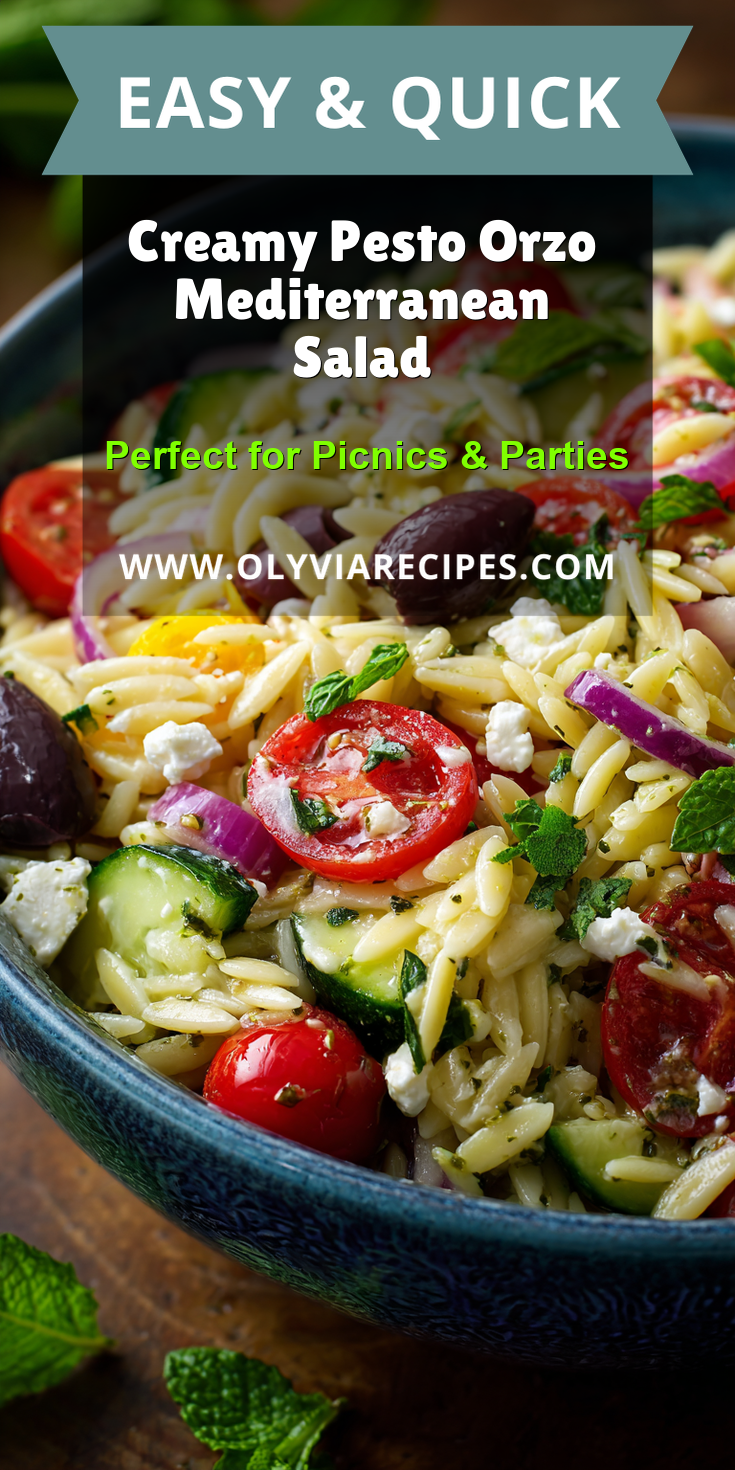 Creamy Pesto Orzo Mediterranean Salad served warm with cozy spices