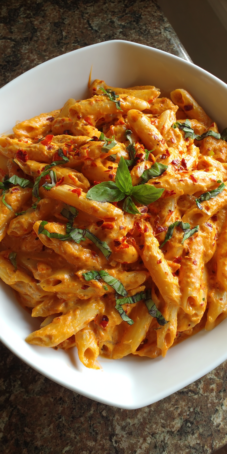Creamy Roasted Red Pepper Pasta served warm with cozy spices