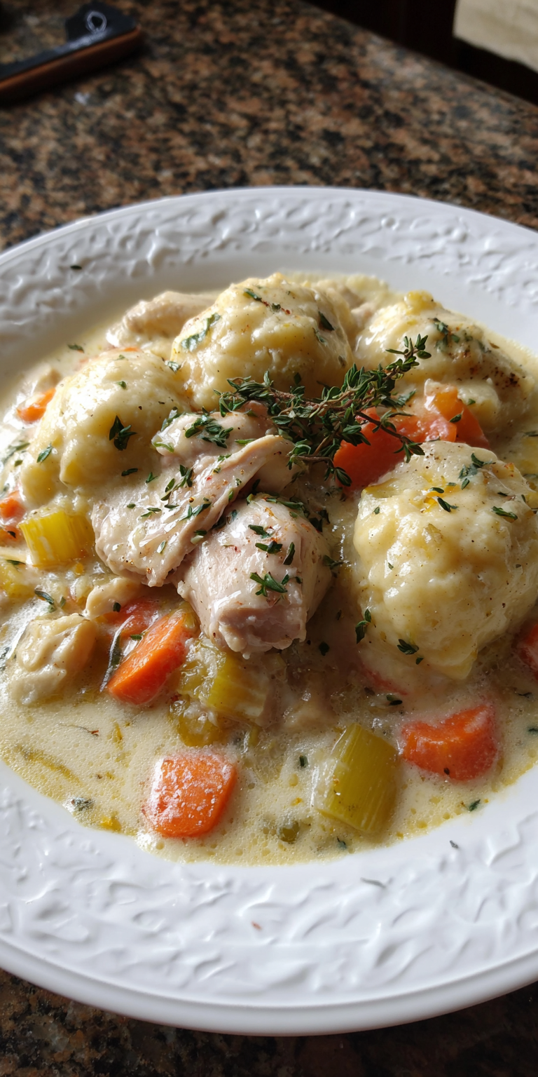 Creamy Southern Style Chicken And Dumplings served warm with cozy spices