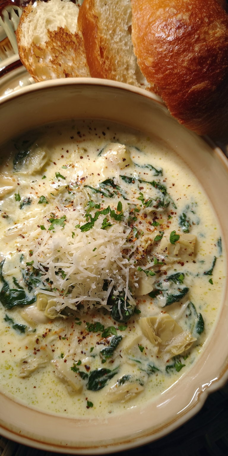 Creamy Spinach and Artichoke Soup served warm with cozy spices