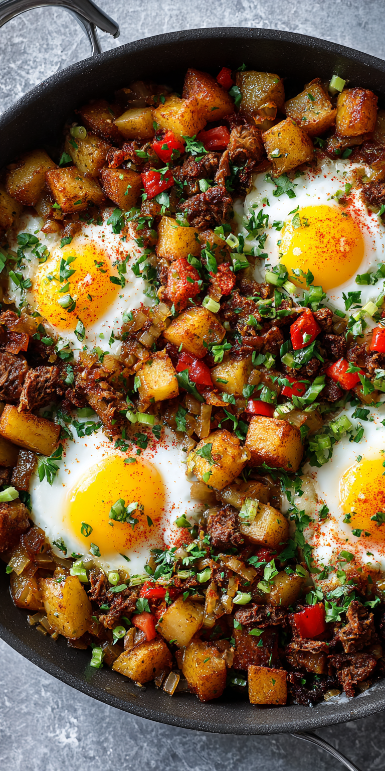 Crispy Corned Beef Hash with Eggs served warm with cozy spices