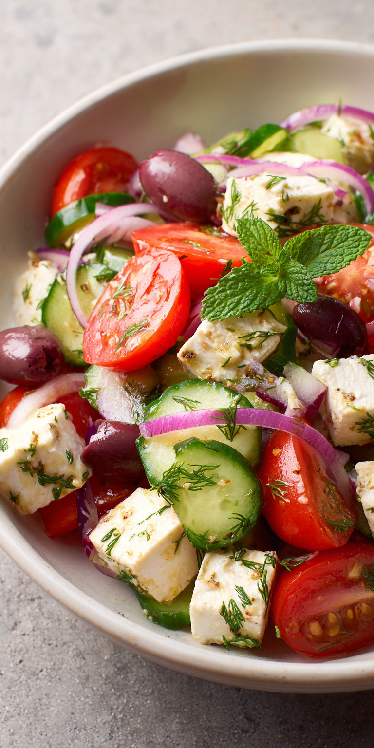 Cucumber Tomato Feta Easy Salads served warm with cozy spices