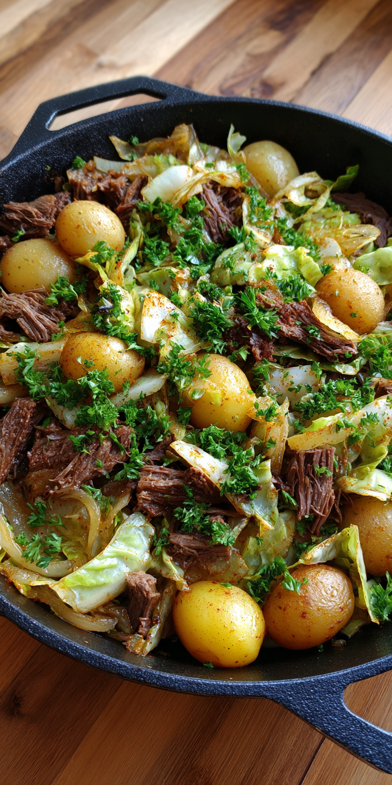 Fried Corned Beef and Cabbage Skillet served warm with cozy spices