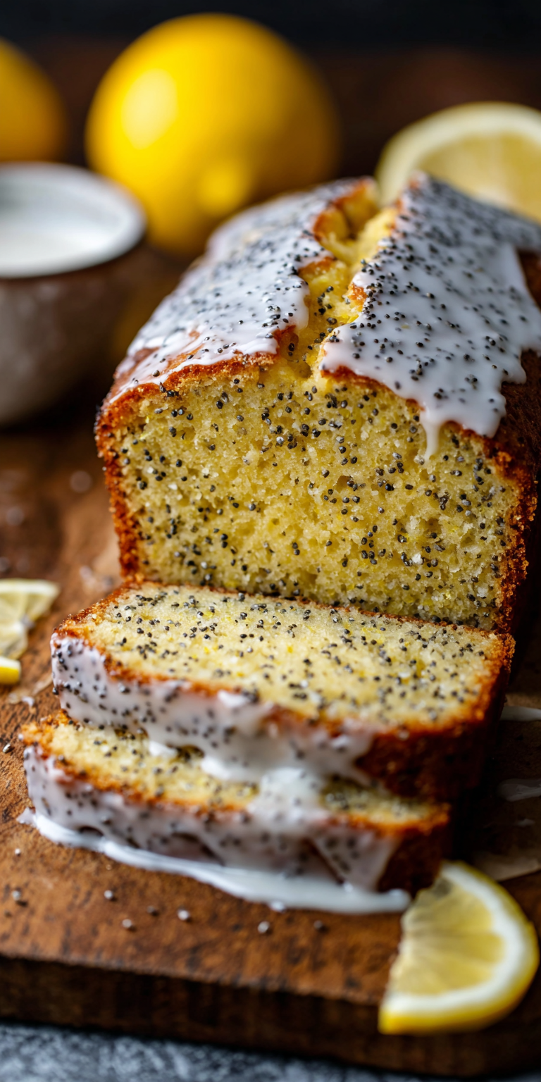 Glazed Lemon Poppy Seed Loaf Cake served warm with cozy spices