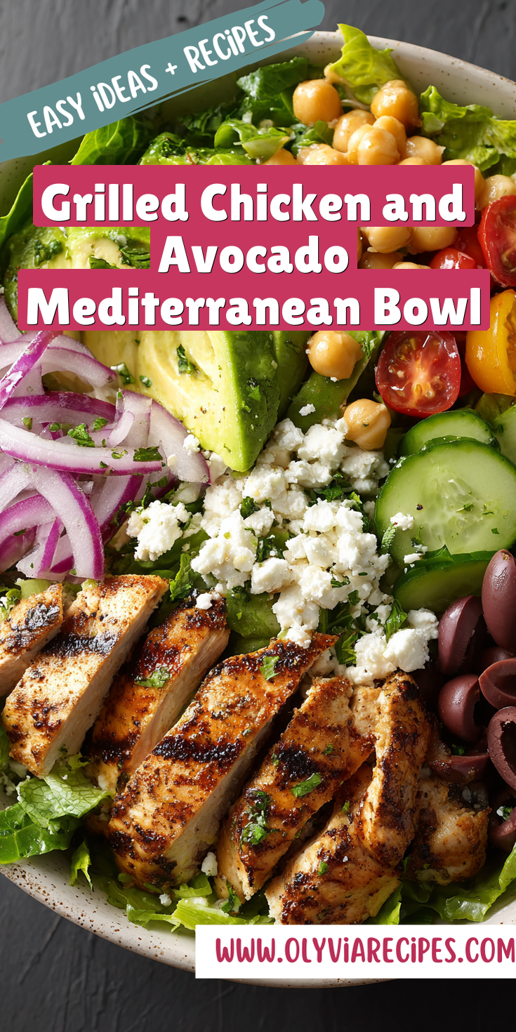 Grilled Chicken and Avocado Mediterranean Bowl served on a plate