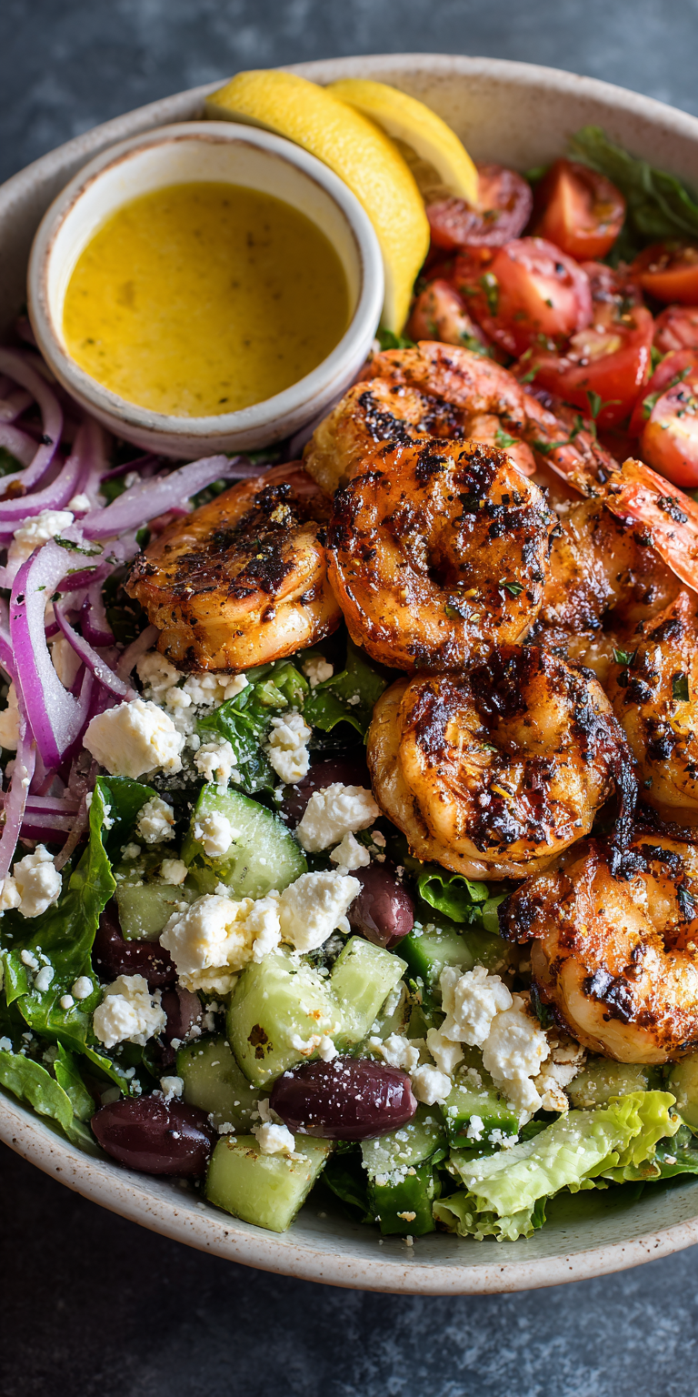 Grilled Shrimp and Feta Salad Bowl served warm with cozy spices