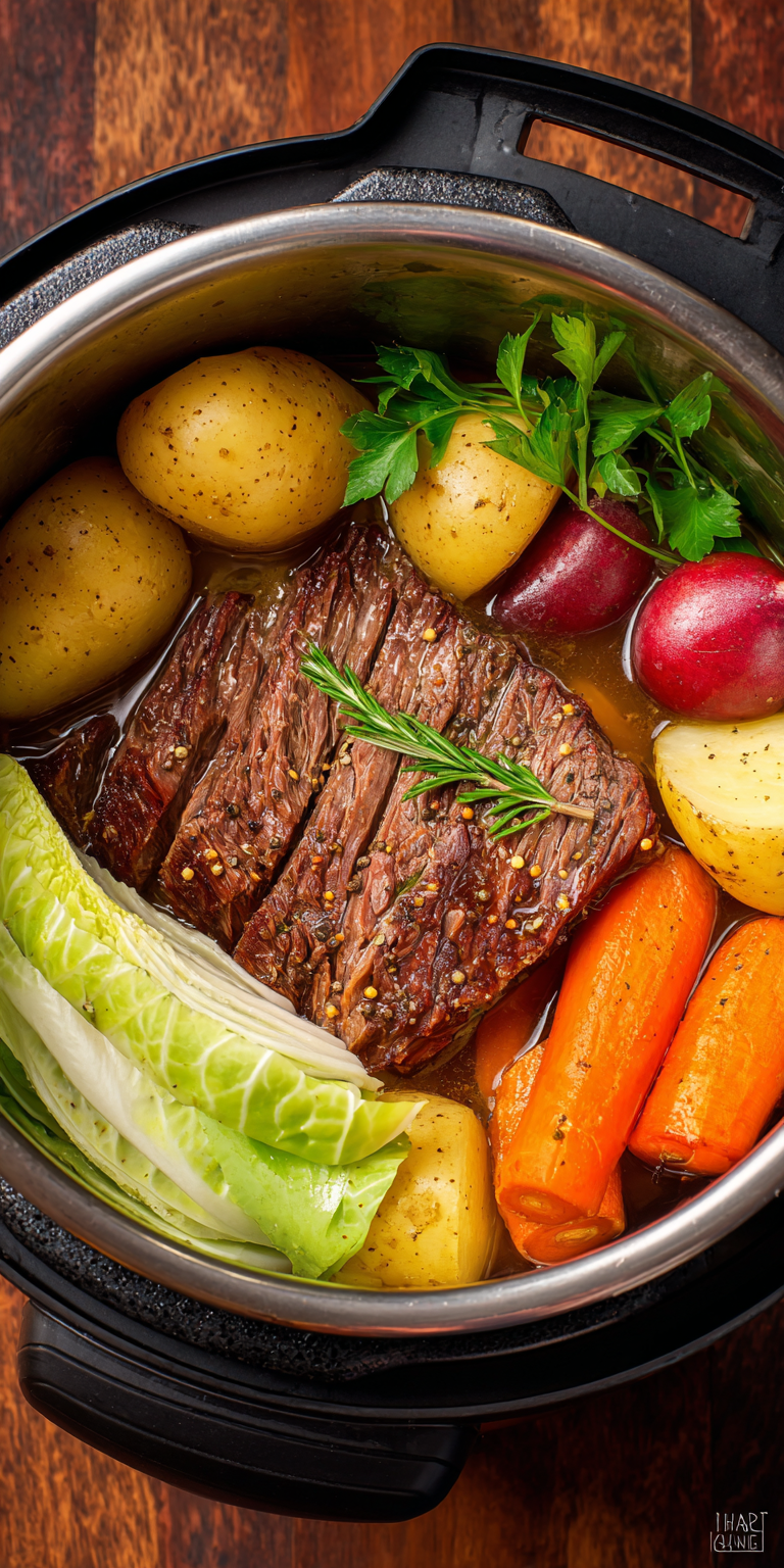 Instant Pot Corned Beef Brisket Dinner served warm with cozy spices