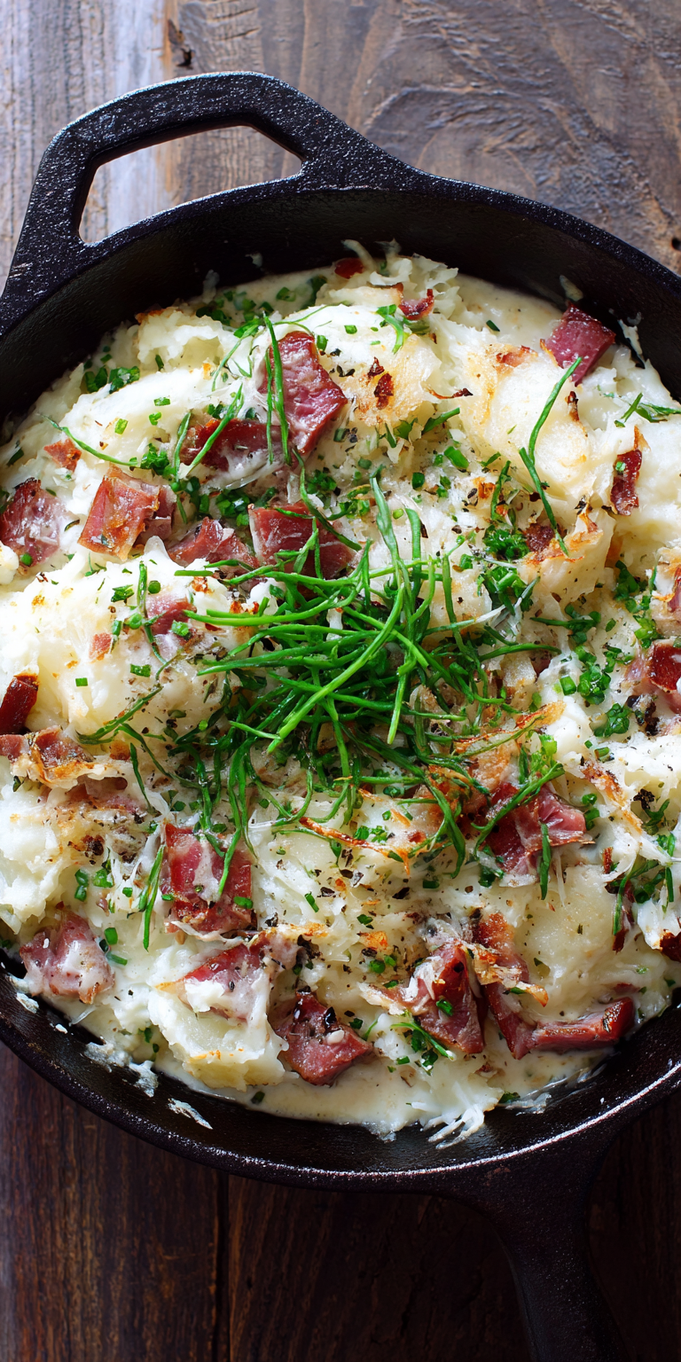 Irish Cast Iron Skillet Corned Beef Colcannon Casserole served warm with cozy spices