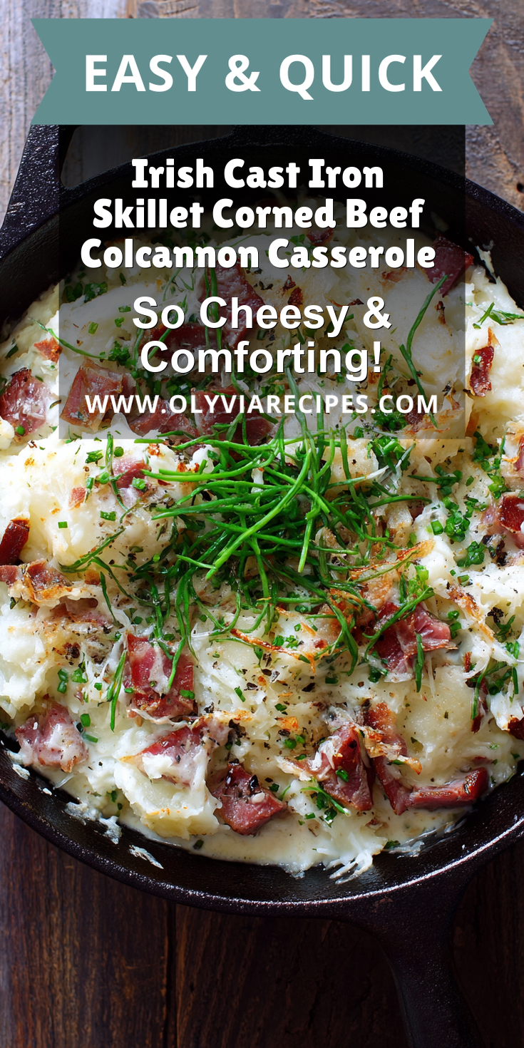 Irish Cast Iron Skillet Corned Beef Colcannon Casserole served warm with cozy spices