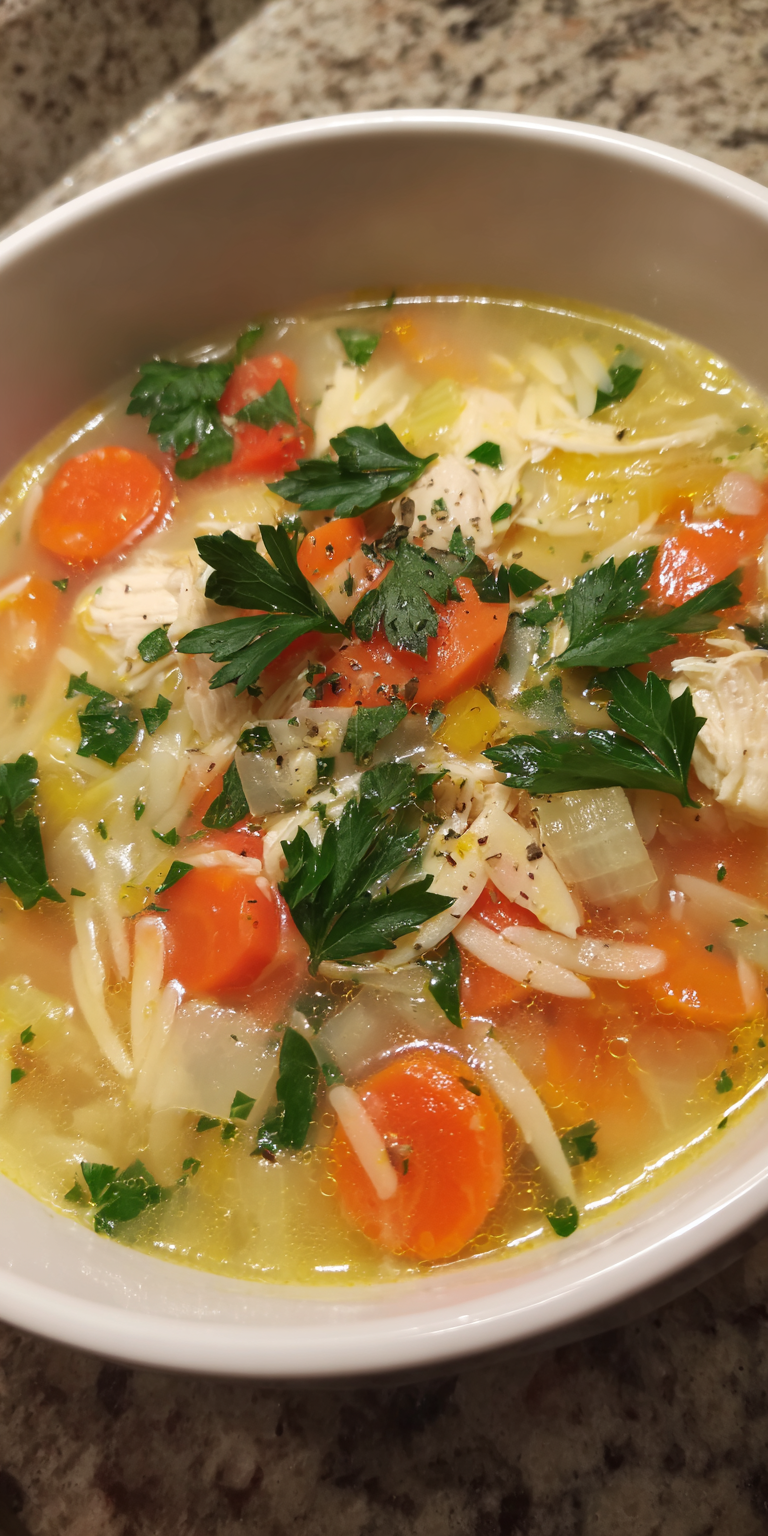 Lemon Chicken Orzo Soup served warm with cozy spices