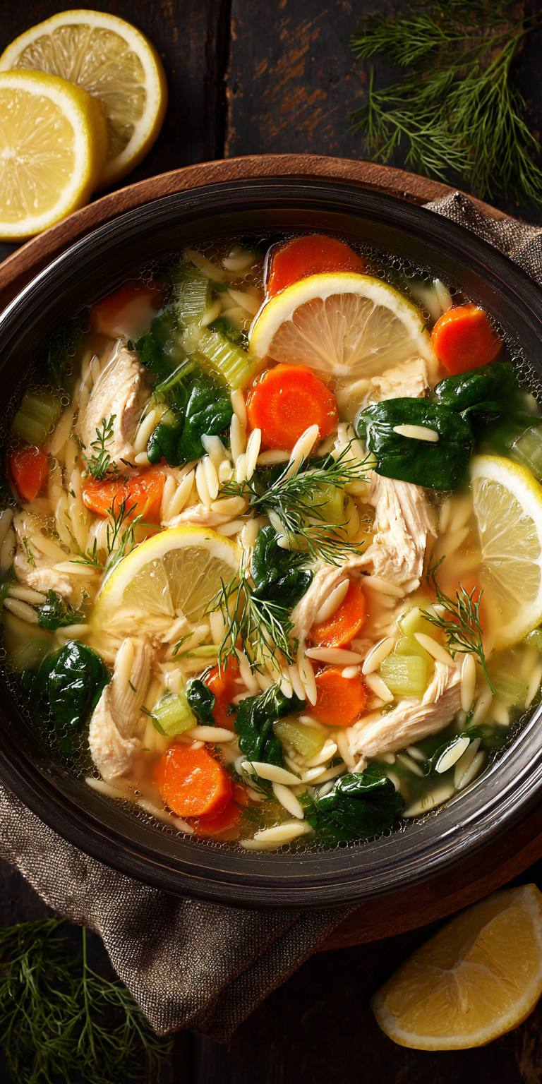 Lemon Chicken Orzo Spring Soup served warm with cozy spices