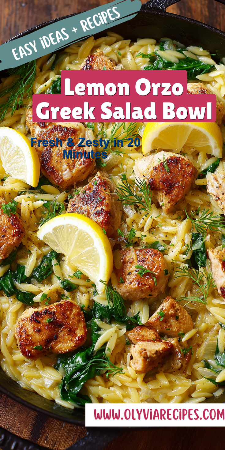 Lemon Orzo Greek Salad Bowl served on a plate