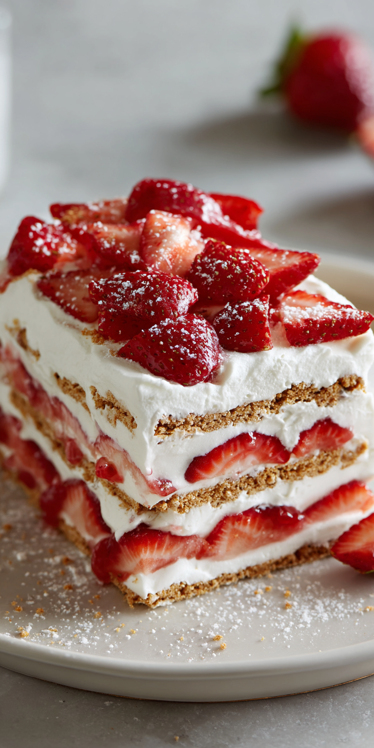 No Bake Strawberry Shortcake Icebox Cake served warm with cozy spices