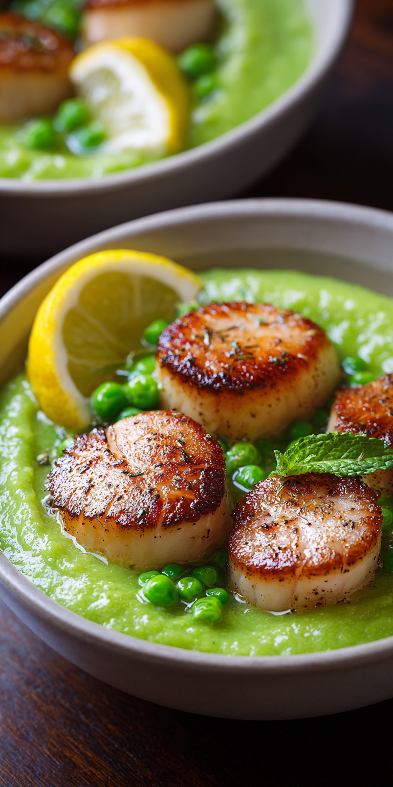 Pan Seared Scallops with Pea Puree served warm with cozy spices