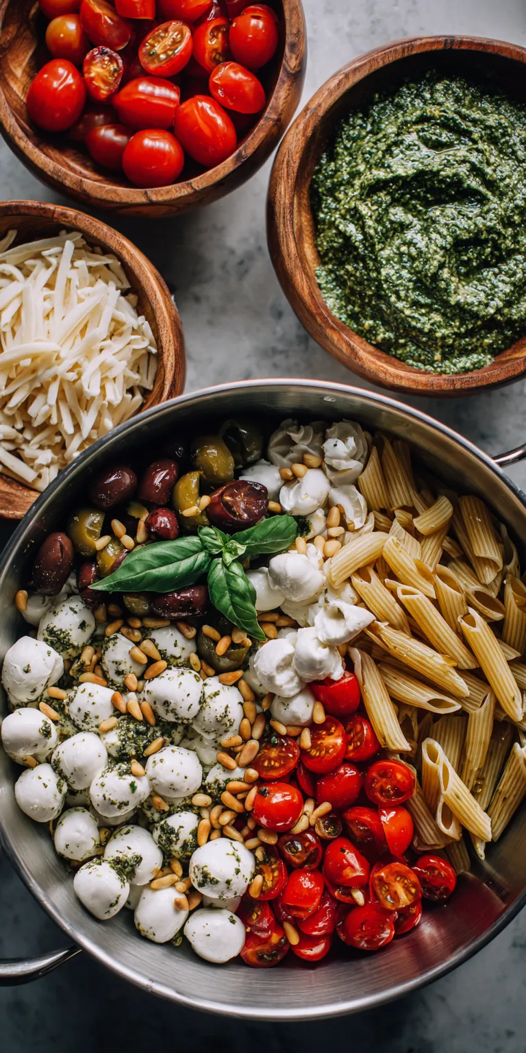 Pesto Mozzarella Easy Pasta Salad served warm with cozy spices