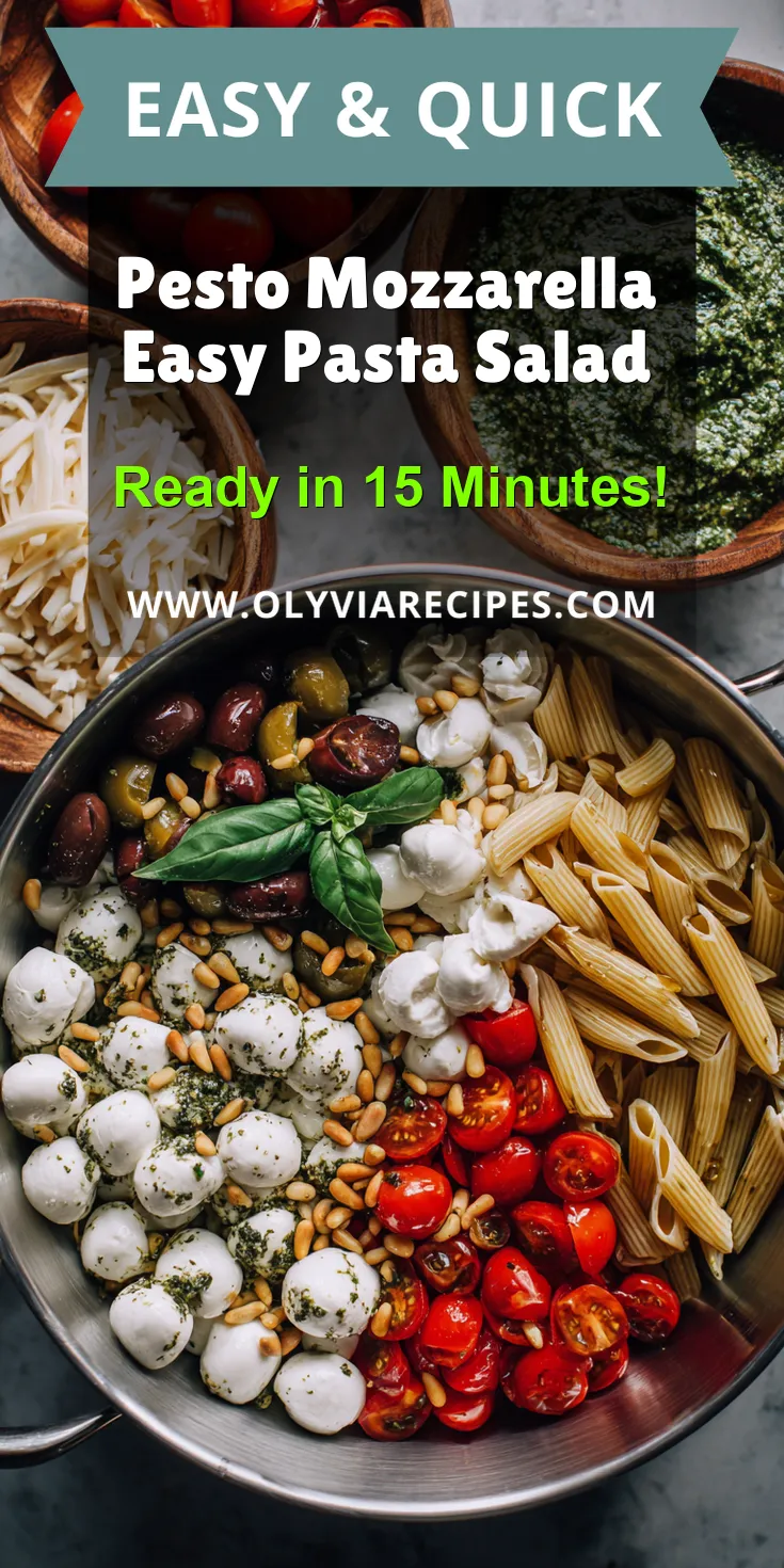 Pesto Mozzarella Easy Pasta Salad served warm with cozy spices