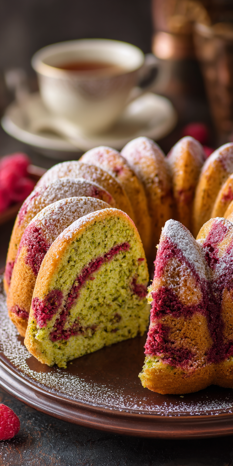 Pistachio Raspberry Cake served warm with cozy spices