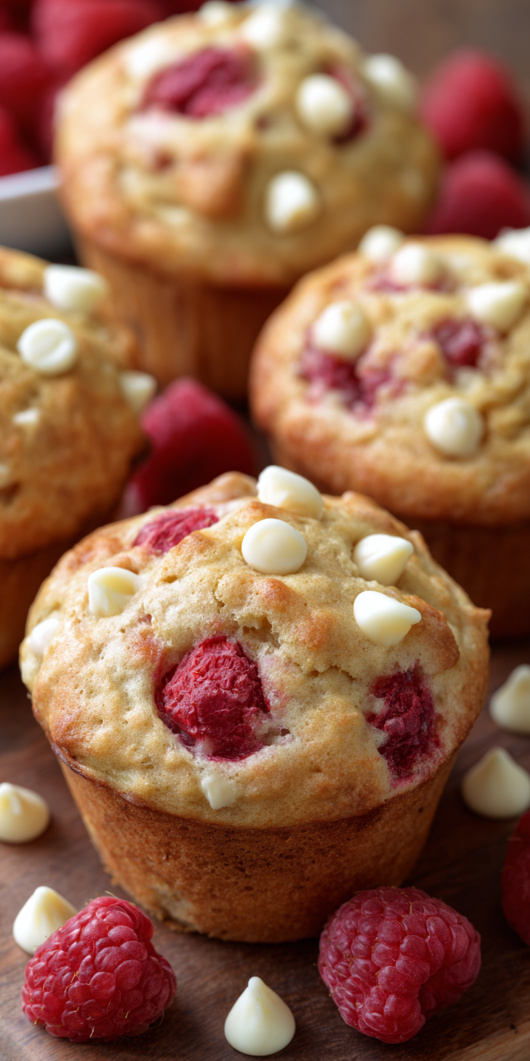 Raspberry White Chocolate Banana Muffins served warm with cozy spices
