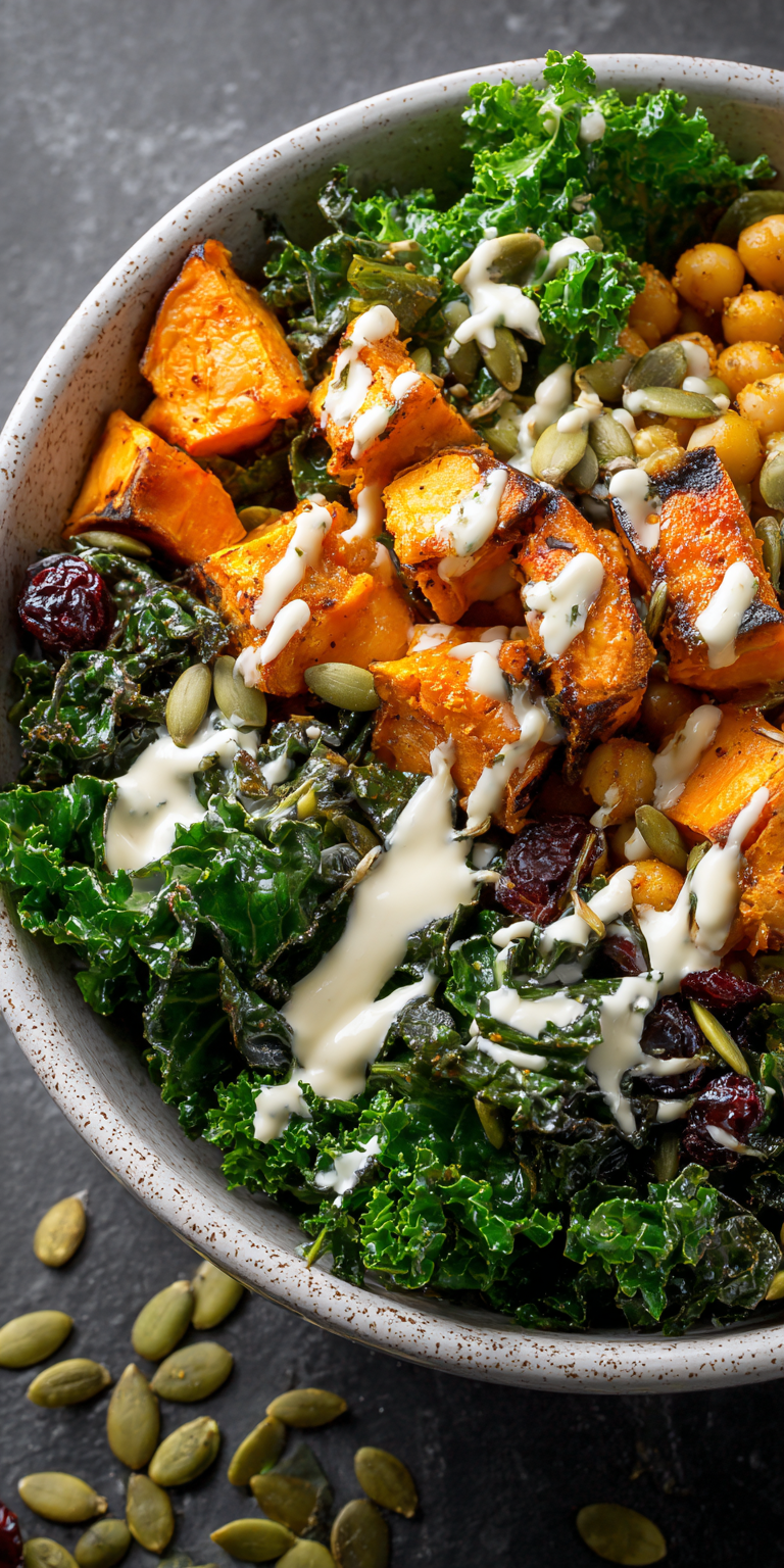 Roast Sweet Potato Kale Salad Bowl served warm with cozy spices