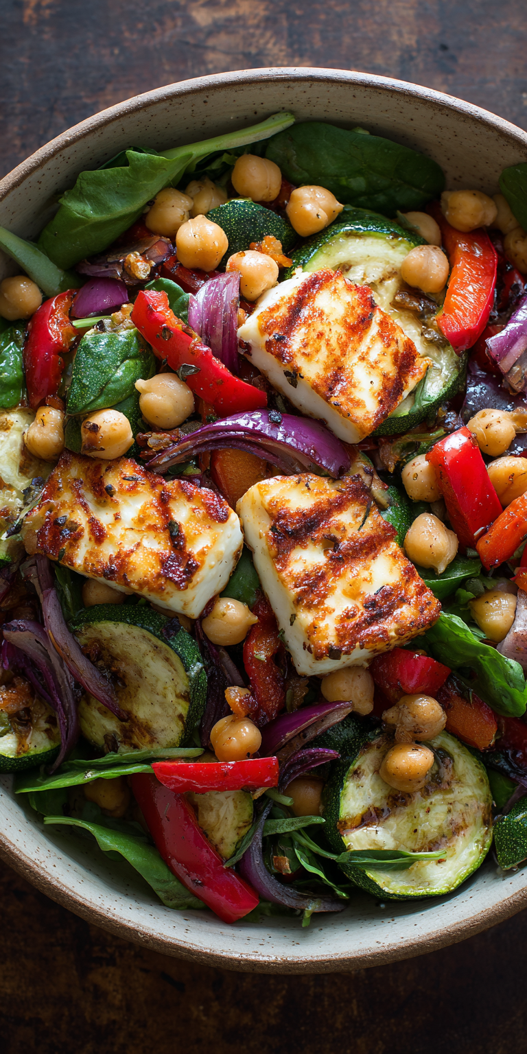 Roasted Vegetable and Halloumi Salad served warm with cozy spices