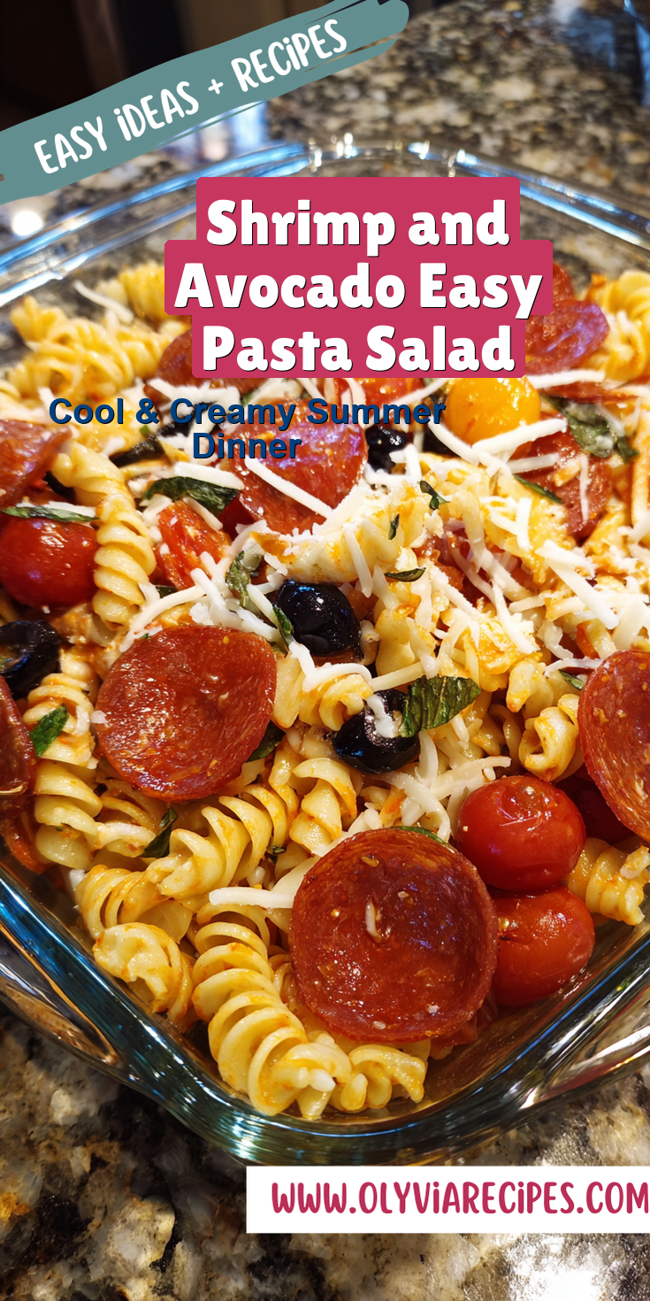 Shrimp and Avocado Easy Pasta Salad served warm with cozy spices