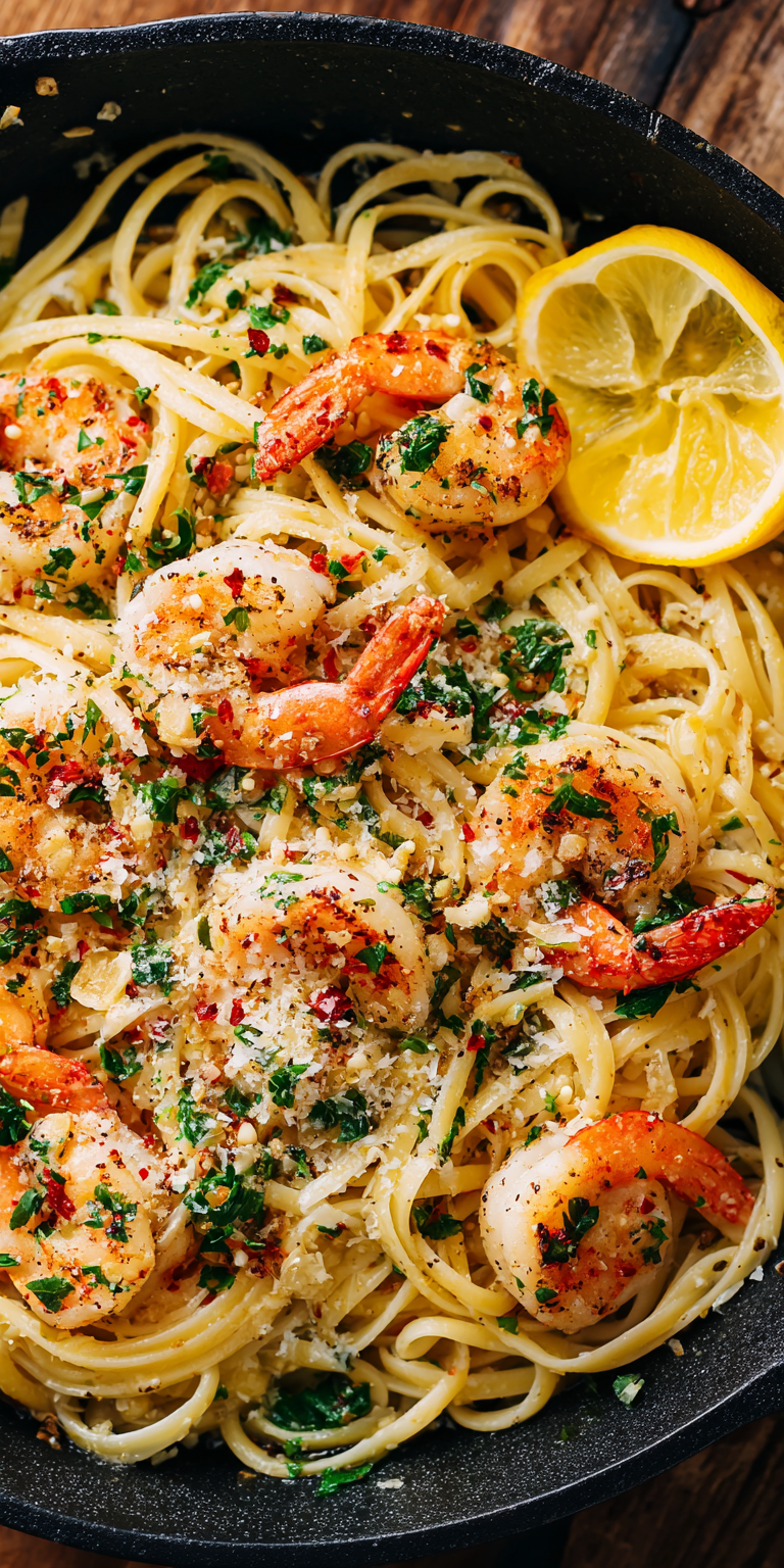 Shrimp Scampi Linguine Seafood Pasta served warm with cozy spices