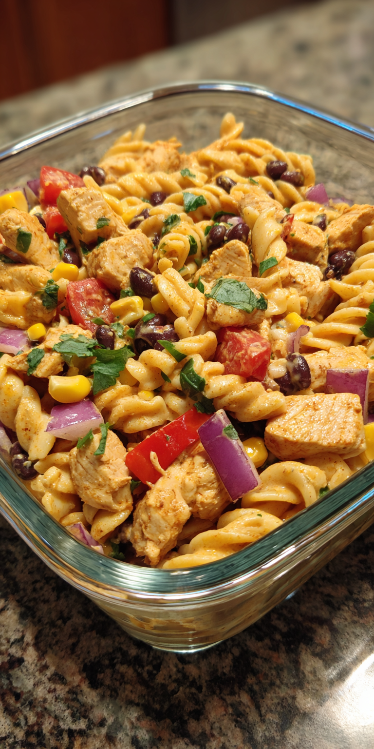 Southwest Chicken Pasta Salad Meal Prep served warm with cozy spices