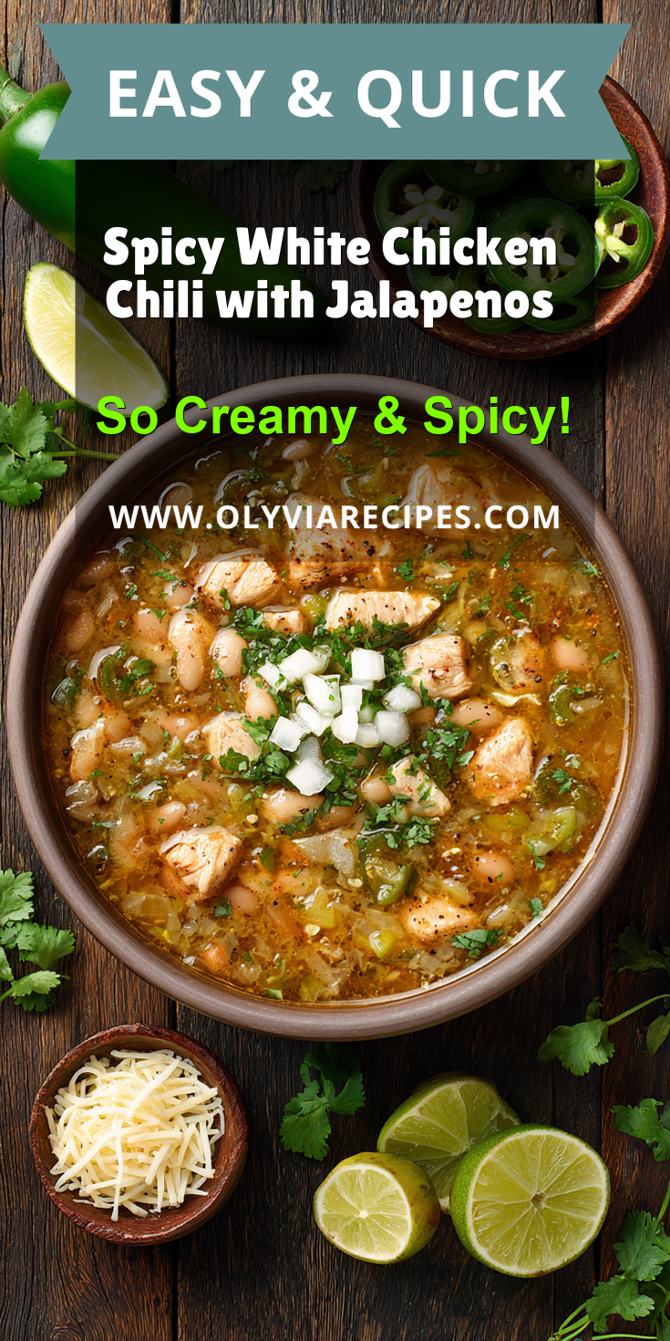 Spicy White Chicken Chili with Jalapenos served warm with cozy spices