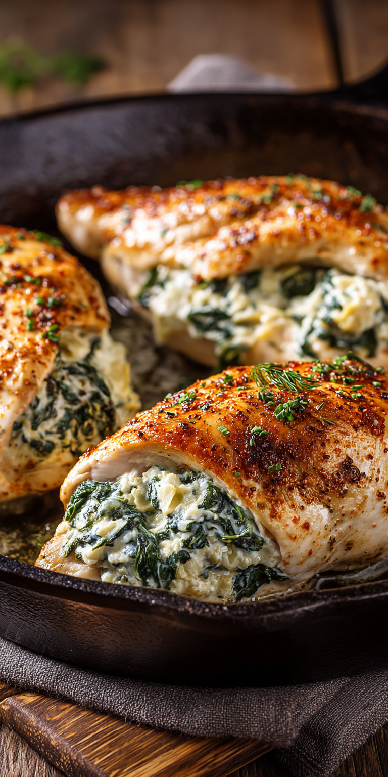 Spinach Artichoke Stuffed Easy Chicken served warm with cozy spices