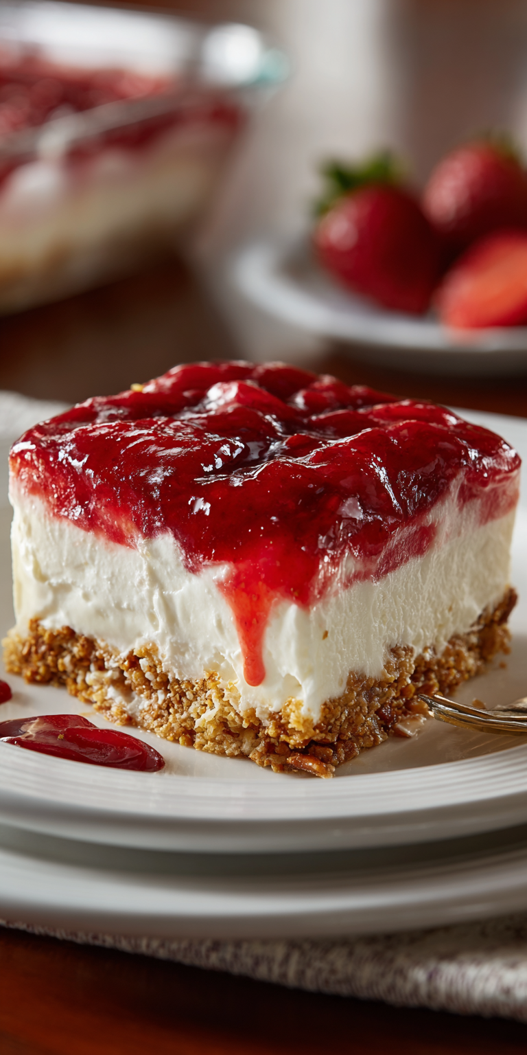 Strawberry Pretzel Salad Dessert served warm with cozy spices
