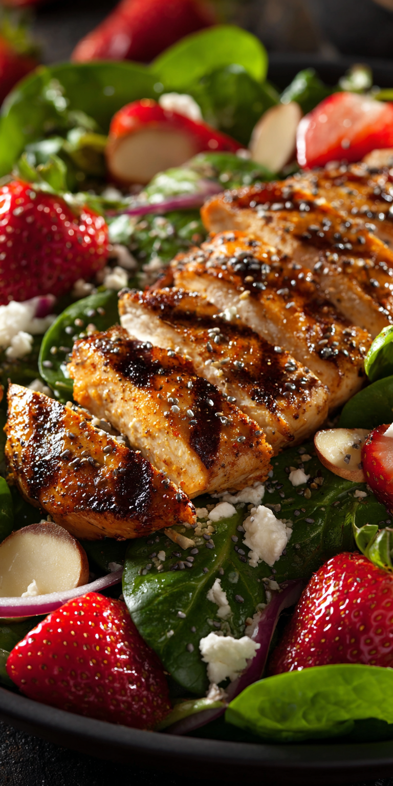 Strawberry Spinach Salad with Grilled Chicken served warm with cozy spices