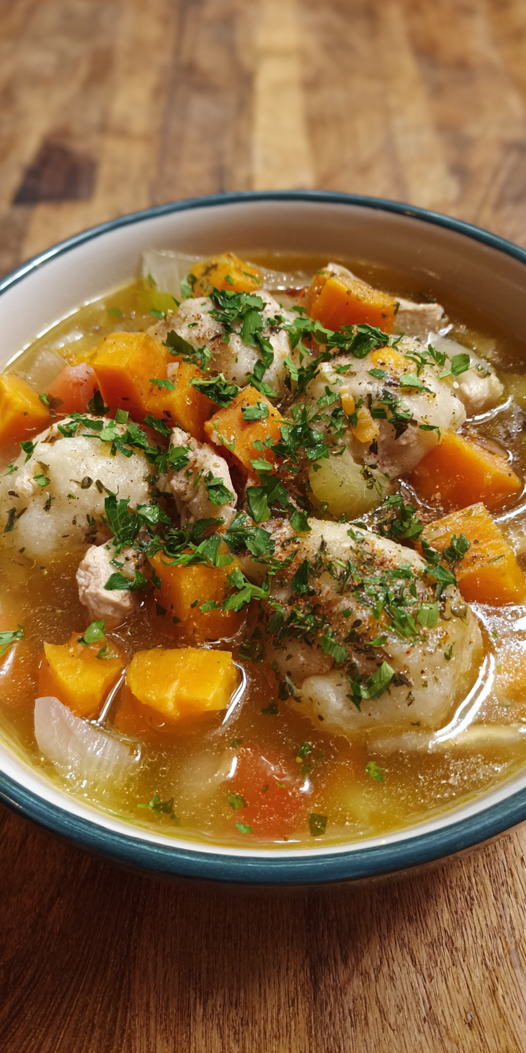 Sweet Potato Dumplings Chicken Soup served warm with gentle spices and a cozy aroma