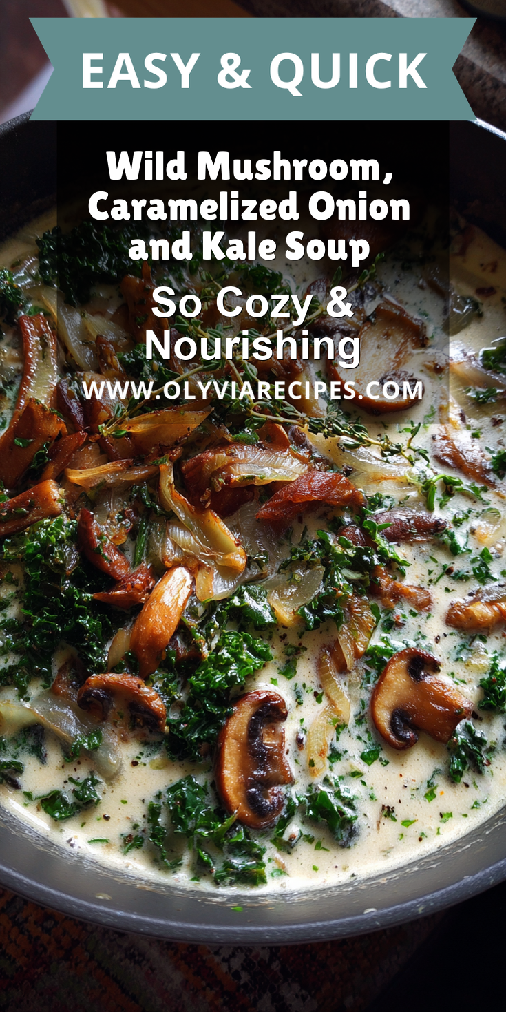 Wild Mushroom, Caramelized Onion and Kale Soup served warm with cozy spices