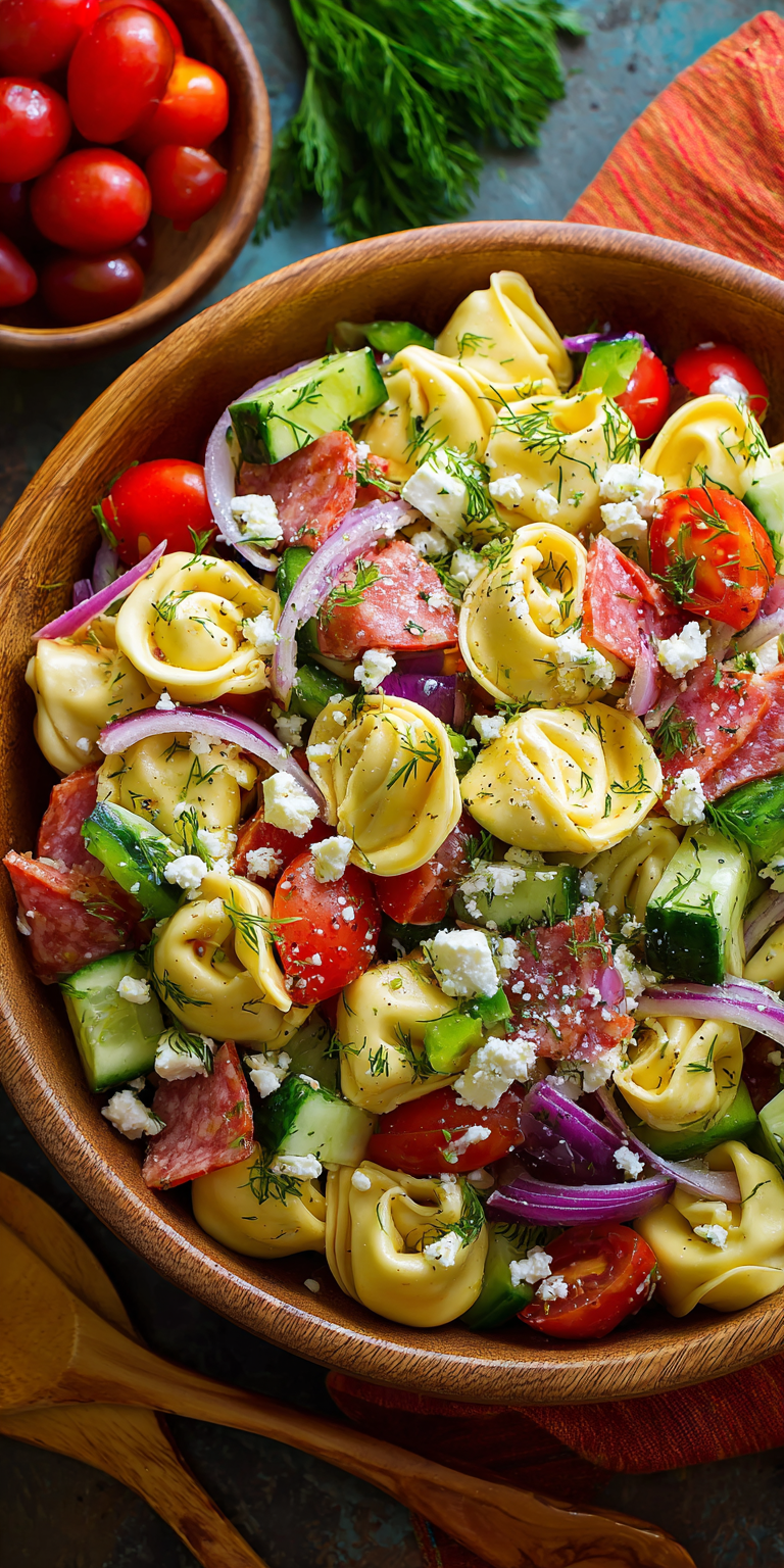 Zesty Greek Tortellini Pasta Salad served warm with cozy spices