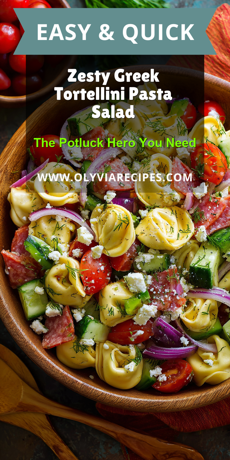 Zesty Greek Tortellini Pasta Salad served warm with cozy spices